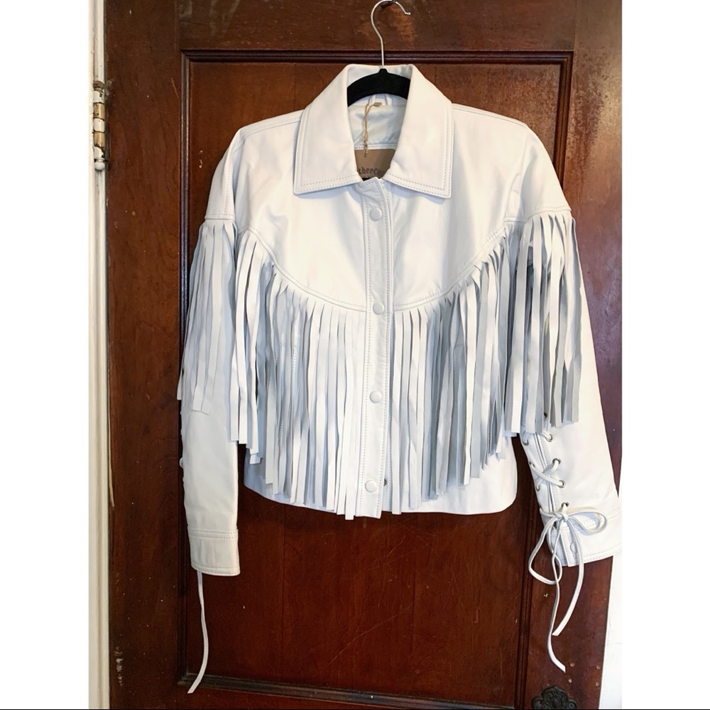 Fringe White Leather Jacket, XS